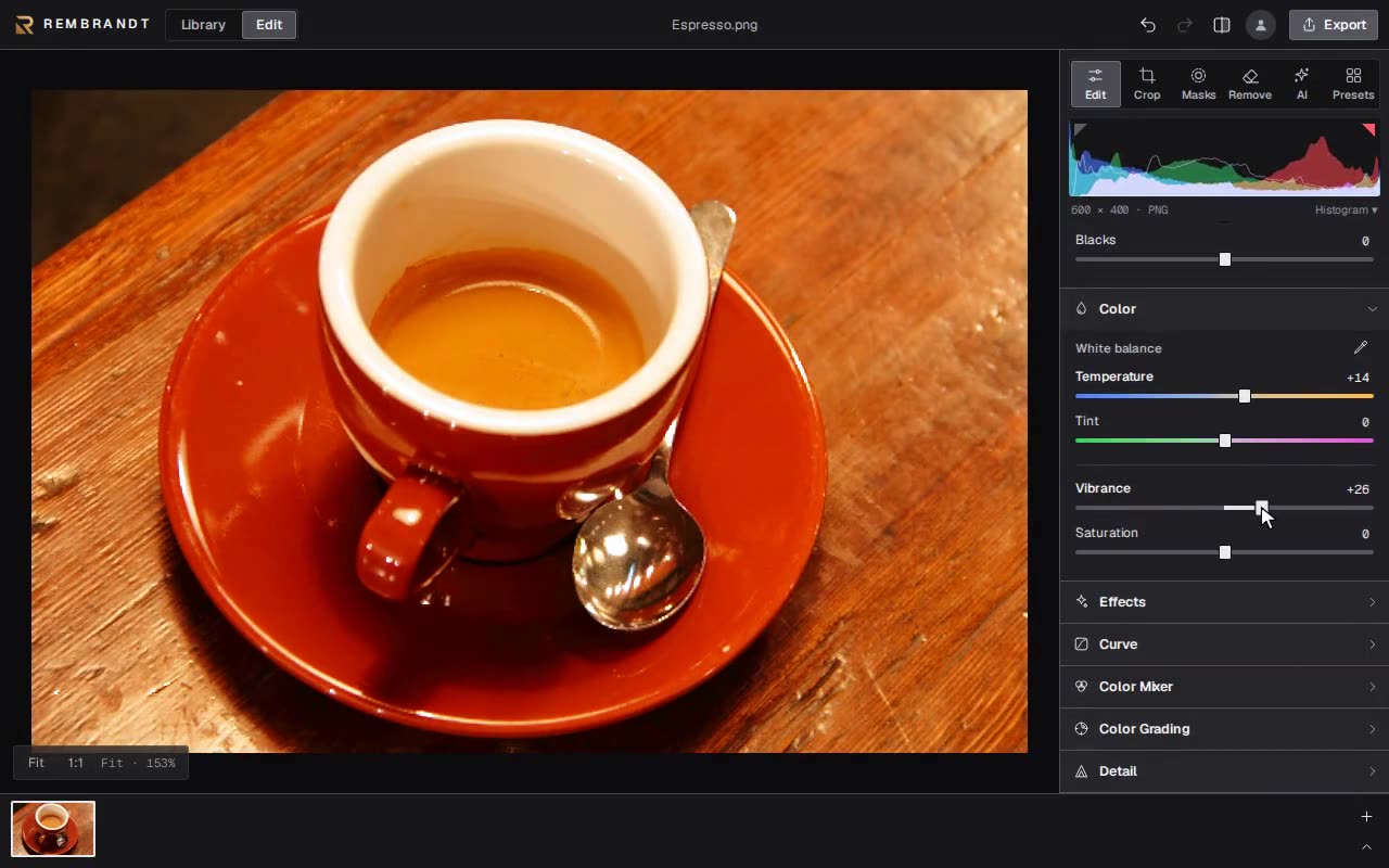 The web editor developing an espresso photo